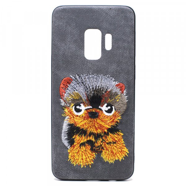 Wholesale Galaxy S9 Design Cloth Stitch Hybrid Case (Black Dog)